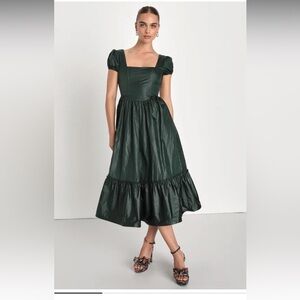 Emerald Puff Sleeve Corset Midi Dress With Pockets
